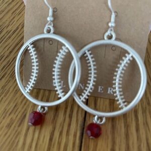 Plunder Fashion Trendy Jewelry Silver Baseball Earrings with Red Accent Stone